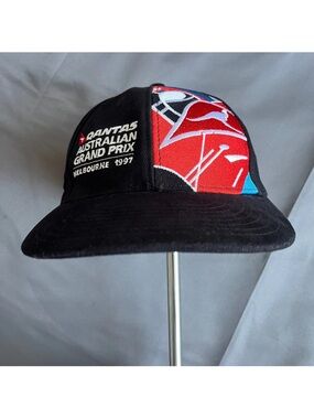 Qantas Australian Grand Prix Black Logo Cap 1997 One Size OS Strapback Hat 90s